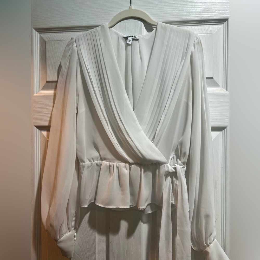 Express Sheer Cream Blouse with Pleated Wrap Design - Picture 4 of 4